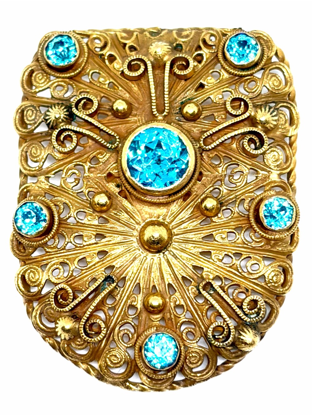 Antique Victorian Heavy Gild Gold Art Nouveau LARGE Blue Crystal Brooch Clip